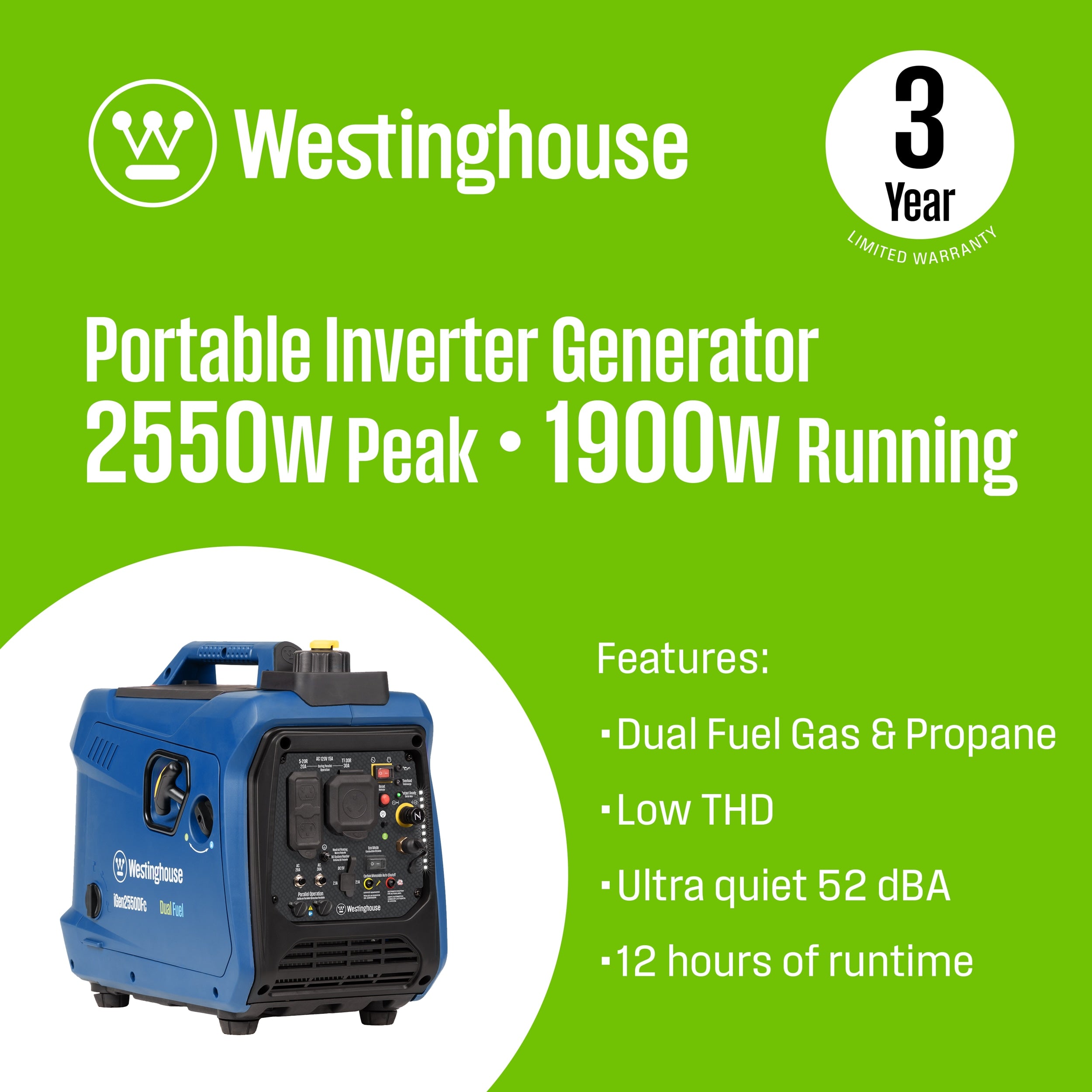 Westinghouse iGen2550DFc Recoil Start 2550-Watt Dual Fuel (Gasoline/Propane) Inverter Generator IGEN2550DFC