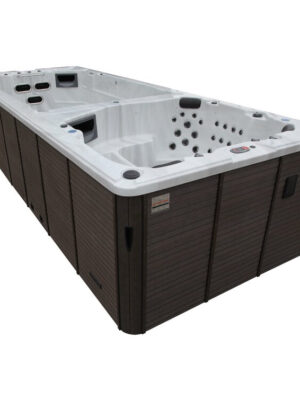 Canadian Spa Co 17 – Person 73 – Jet Acrylic Rectangular Hot Tub with Ozonator and Built-In Speaker in Sterling Silver, Walnut