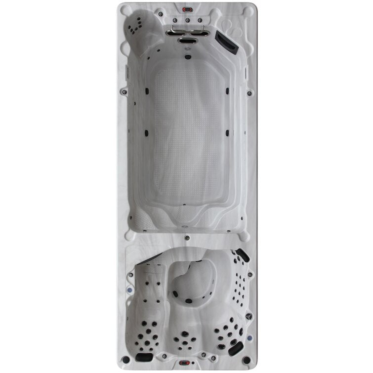 Canadian Spa Co 17 – Person 73 – Jet Acrylic Rectangular Hot Tub with Ozonator and Built-In Speaker in Sterling Silver, Walnut