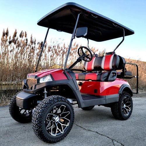 Terminator 48v Electric Golf Cart Four Seater BRAND NEW – Massive Rims/Tires Flip Seat & Optionally Fully Loaded – Red Body/Red Seats