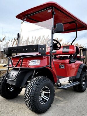 New 48v Electric Golf Cart Lifted & Loaded eMACHINE – RED Street Ready Light Package & Flip Seat