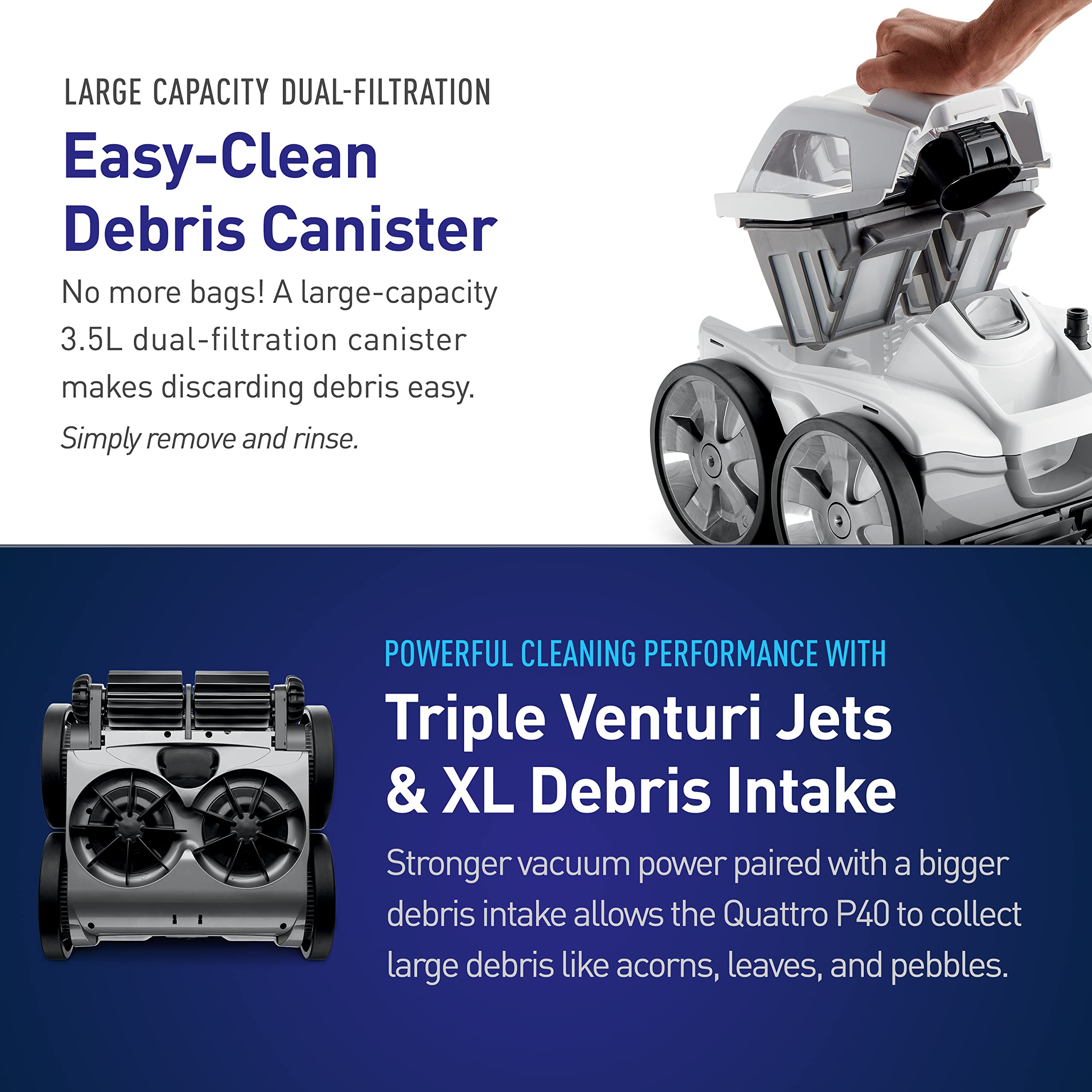 Polaris Quattro P40 Pressure Side Pool Cleaner for All In-Ground Pool Surfaces, Large-Capacity Dual Filtration Canister, 31′ Hose & Transparent Lid to View Debris