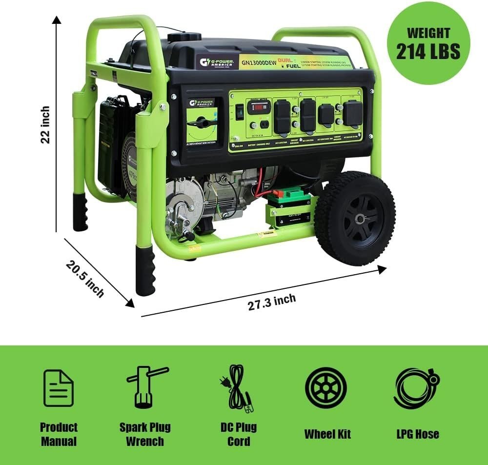 13,000W Dual Fuel Portable Generator, Powered by Gas or Propane, Electric Start, Home Backup & RV Ready