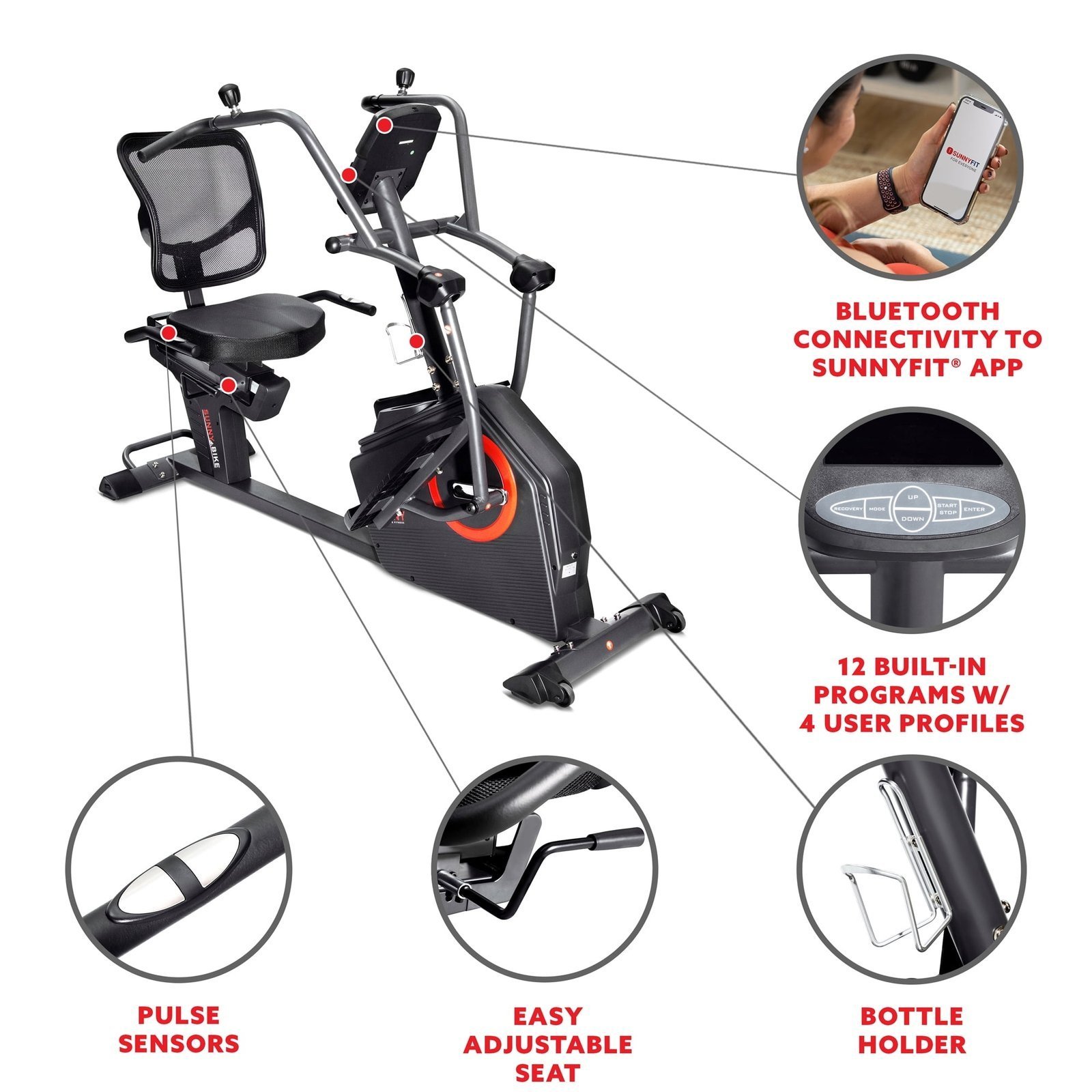 Sunny Health & Fitness Smart Recumbent Cross Trainer Elliptical Exercise Bike