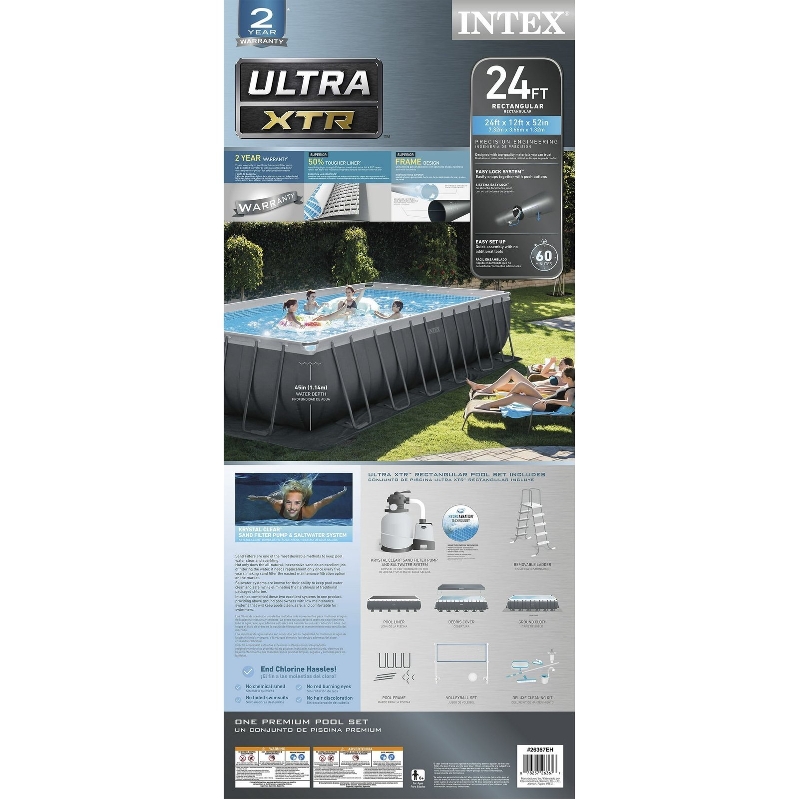 Intex 24′ x 12′ x 52″ Ultra XTR Rectangular Frame Swimming Pool Set + Pump
