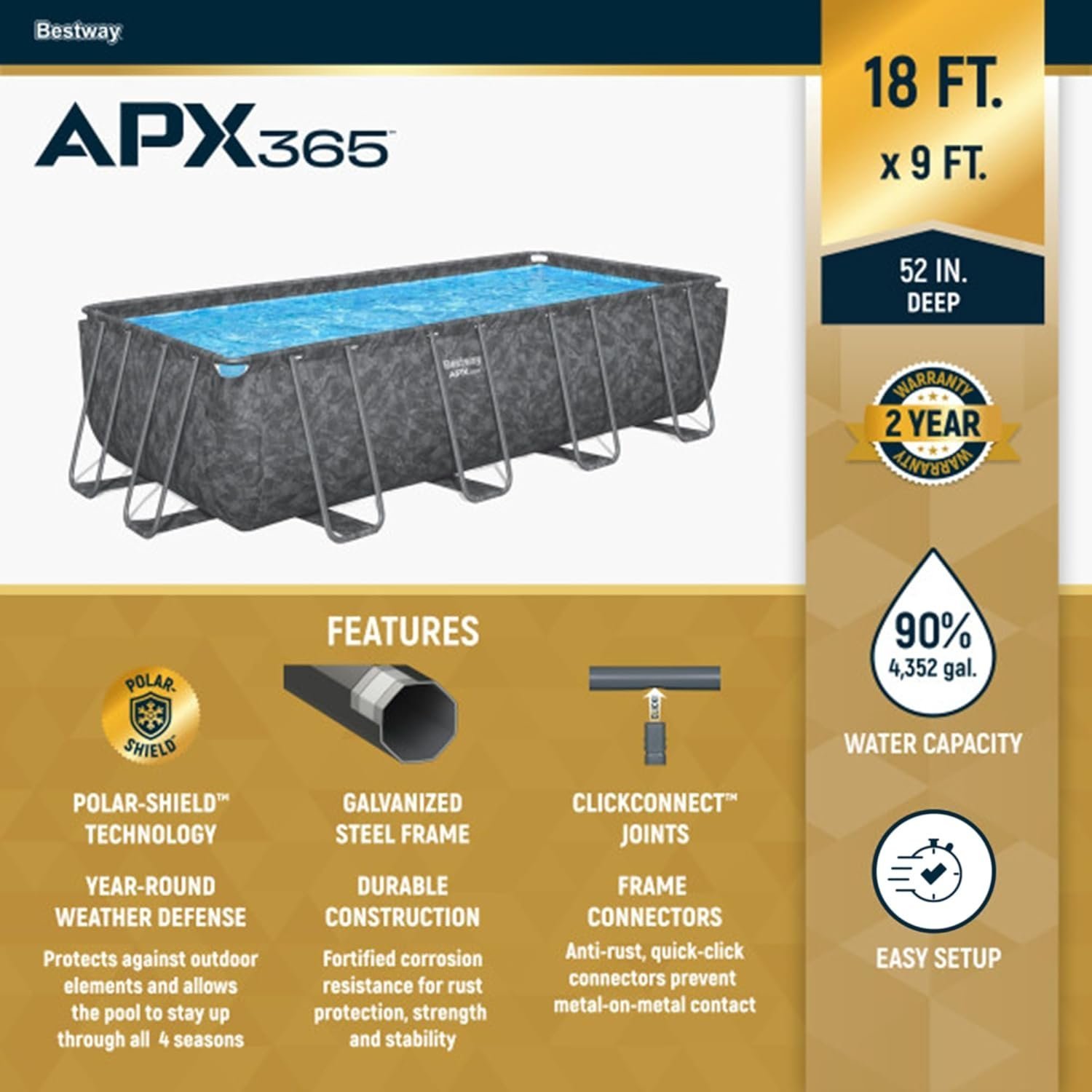 Bestway APX 365 18′ x 9′ x 52″ Rectangular Above Ground Swimming Pool