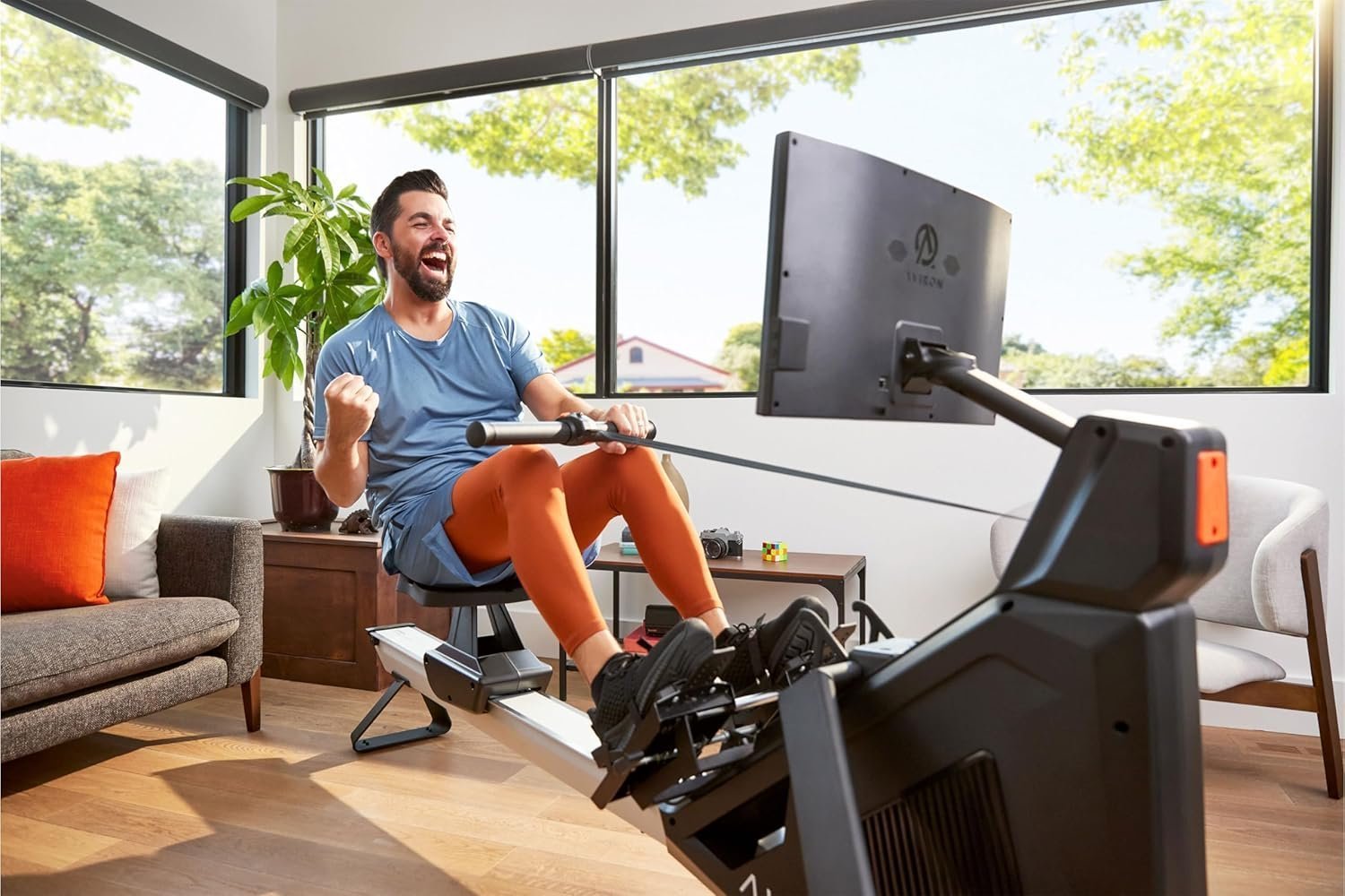 Aviron Strong Series Rower: 22″ HD Touchscreen, Dual Air & Magnetic Resistance up to 100 lbs. Game-Based Workouts, Streaming, Compact Design