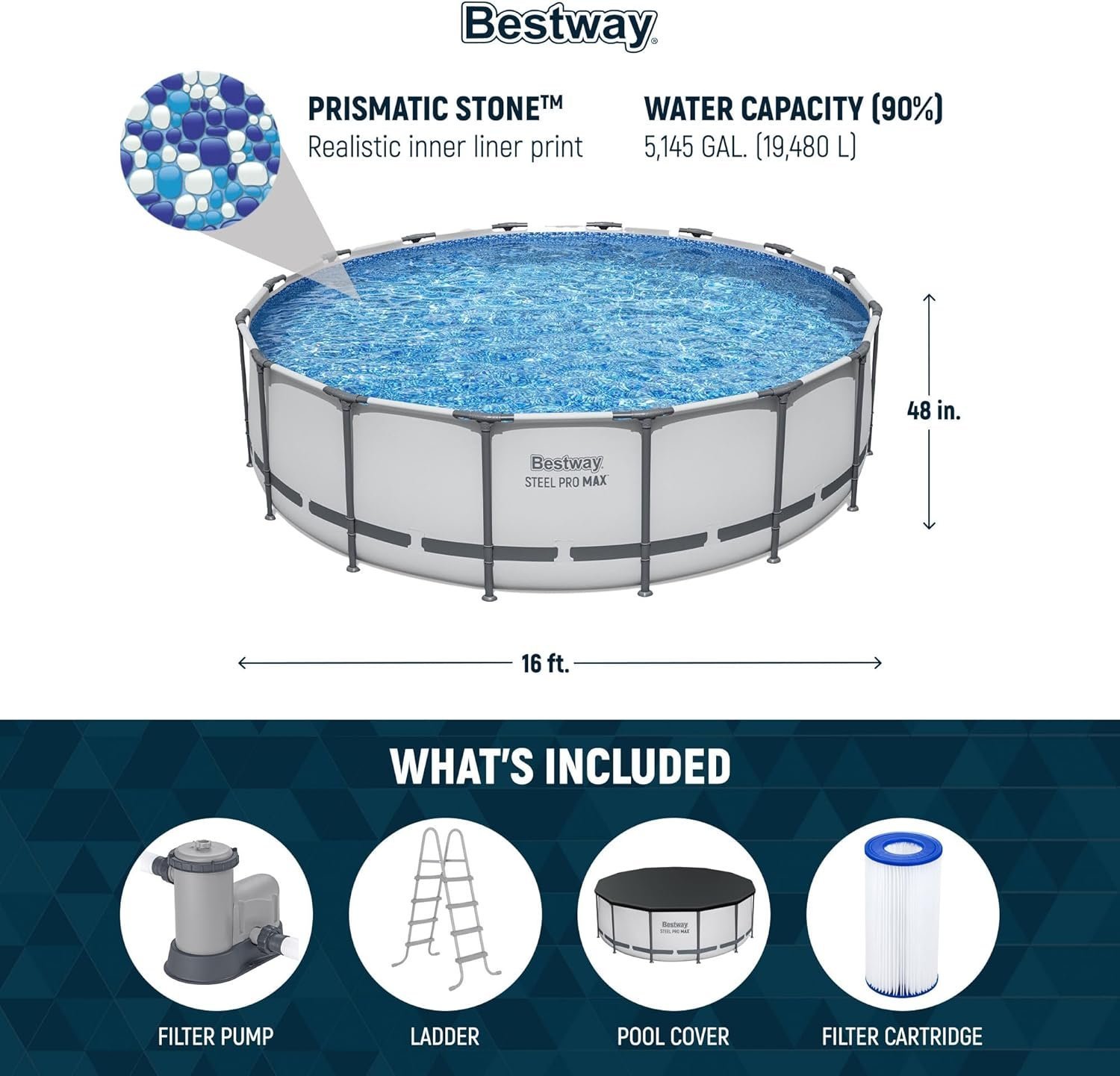 Bestway Steel Pro MAX 16 Foot x 48 Inch Round Metal Frame Above Ground Outdoor Swimming Pool Set