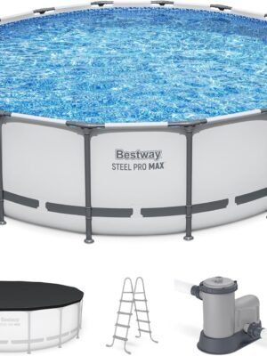 Bestway Steel Pro MAX 16 Foot x 48 Inch Round Metal Frame Above Ground Outdoor Swimming Pool Set