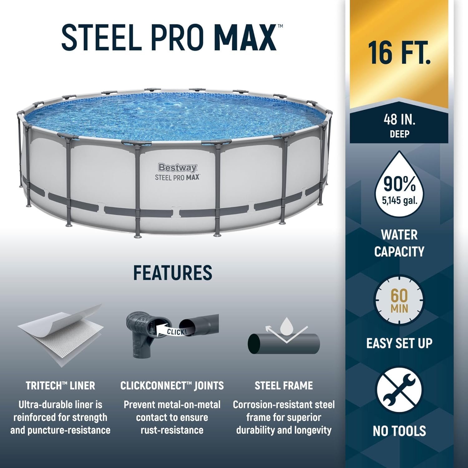 Bestway Steel Pro MAX 16 Foot x 48 Inch Round Metal Frame Above Ground Outdoor Swimming Pool Set