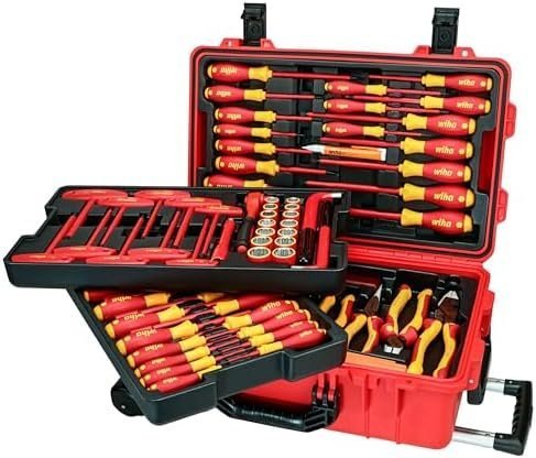 Wiha 32800 Insulated Tool Set with Screwdrivers, Nut Drivers, Pliers, Cutters, Ruler, Knife and Sockets in Rolling Tool Case, 10,000 Volt Tested and 1000 Volt Rated, 80-Piece Set
