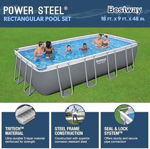 Bestway Power Steel 18′ x 9′ x 48″ Rectangular Metal Frame Above Ground Outdoor Swimming Pool Set with 1,500 GPH Filter Pump, Ladder, and Pool Cover