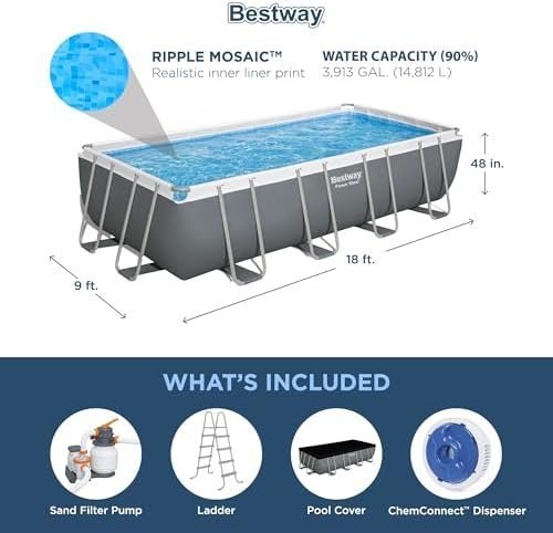 Bestway Power Steel 18′ x 9′ x 48″ Rectangular Metal Frame Above Ground Outdoor Swimming Pool Set with 1,500 GPH Filter Pump, Ladder, and Pool Cover