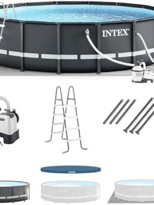 Intex Ultra XTR Frame 14′ x 42″ Round Above Ground Outdoor Swimming Pool Set with Sand Filter Pump, Ladder, Ground Cloth, and Pool Cover