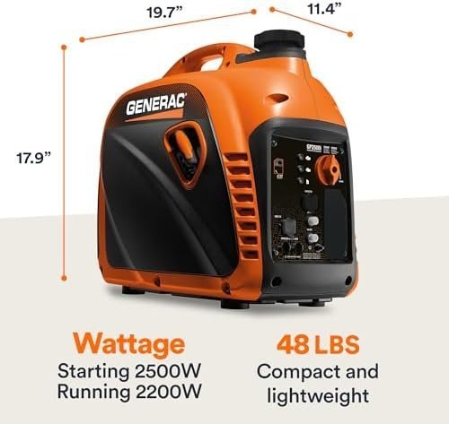 Generac 8251 GP2500i 2,500-Watt Gas Powered Portable Inverter Generator – Compact and Lightweight Design – Produces Clean, Stable Power – COsense Technology – CARB Compliant – Orange/Black