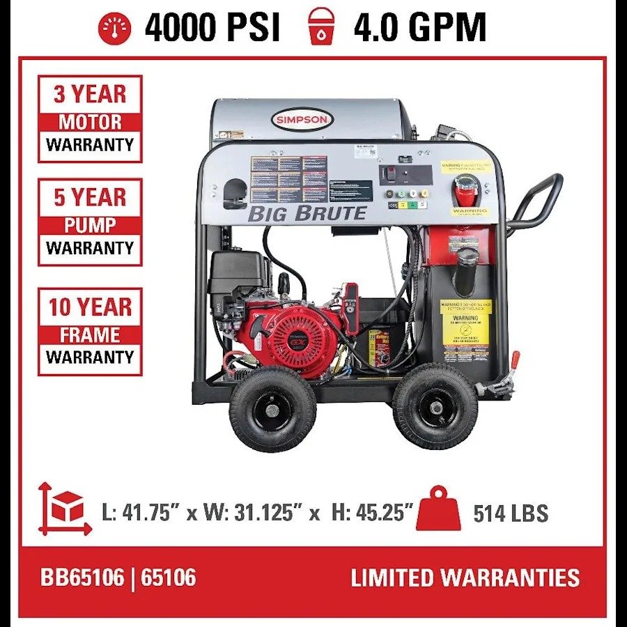 Simpson BB65106 Big Brute Professional 4000 PSI (Gas-Hot Water) Pressure Washer - UK Fast Gas