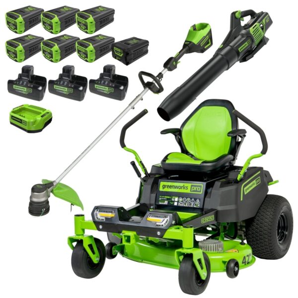 60V 42″ Cordless Battery CrossoverZ Zero Turn Riding Lawn Mower 3-Tool Combo Kit w/ (6) 8Ah Batteries, One(1) 2.5Ah Battery & Four (4) Chargers
